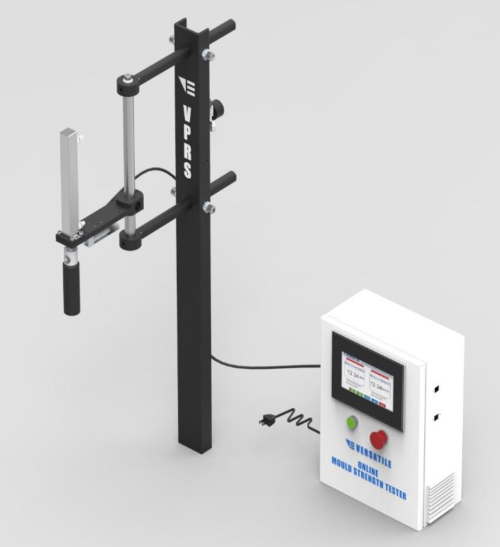 Versatile Online Mould Strength Tester VPRS: the probe carried on its mounting stand beside the control panel with its touchscreen