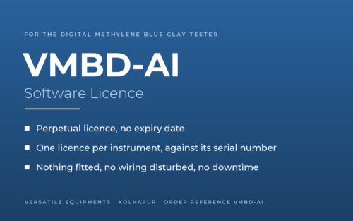VMBD-AI software licence for the Digital Methylene Blue Clay Tester: perpetual, one licence per instrument against its serial number, nothing fitted